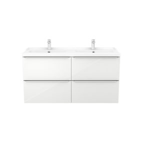 Meuble vasque suspendu blanc brillant l.120 cm Imandra + plan double vasque blanc céramique Nira, GoodHome
