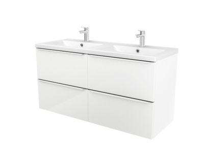 Meuble vasque suspendu blanc brillant l.120 cm Imandra + plan double vasque blanc résine Mila, GoodHome