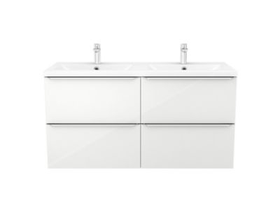 Meuble vasque suspendu blanc brillant l.120 cm Imandra + plan double vasque blanc résine Mila, GoodHome