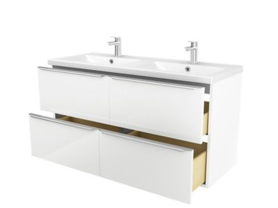 Meuble vasque suspendu blanc brillant l.120 cm Imandra + plan double vasque blanc résine Mila, GoodHome