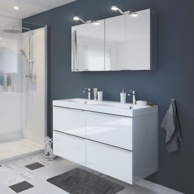 Meuble vasque suspendu blanc brillant l.120 cm Imandra + plan double vasque blanc résine Mila, GoodHome
