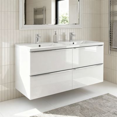 Meuble vasque suspendu blanc brillant l.120 cm Imandra + plan double vasque blanc résine Mila, GoodHome