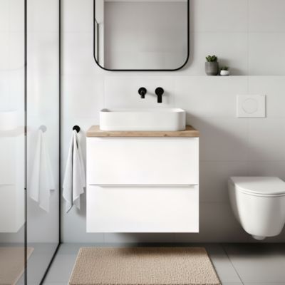 Meuble vasque suspendu blanc brillant l.60 cm Imandra + plan de toilette chêne massif Hartland, GoodHome