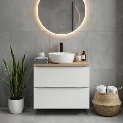 Meuble vasque suspendu blanc brillant l.80 cm Imandra + plan de toilette effet chêne, GoodHome