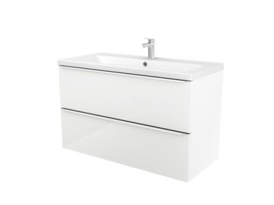 Meuble vasque suspendu blanc brillant l.80 cm Imandra + plan vasque blanc céramique Nira, GoodHome