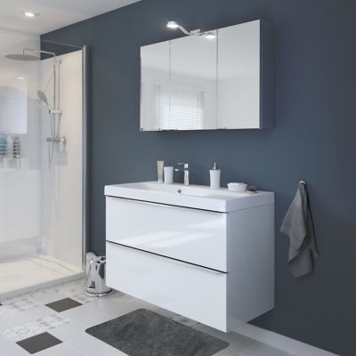 Meuble vasque suspendu blanc brillant l.80 cm Imandra + plan vasque blanc céramique Nira, GoodHome