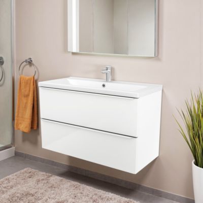 Meuble vasque suspendu blanc brillant l.80 cm Imandra + plan vasque blanc céramique Nira, GoodHome