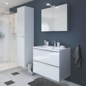 Meuble vasque suspendu blanc brillant l.80 cm Imandra + plan vasque blanc résine Mila, GoodHome