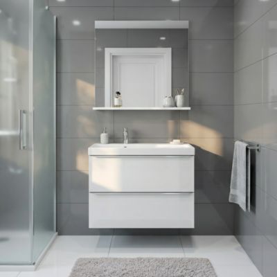 Meuble vasque suspendu blanc brillant l.80 cm Imandra + plan vasque blanc résine Mila, GoodHome