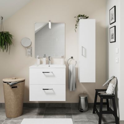 Meuble vasque suspendu blanc l.60 cm + plan vasque en céramique + miroir éclairant, Opah