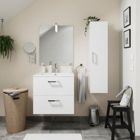 Meuble vasque suspendu blanc l.60 cm + plan vasque en céramique + miroir éclairant, Opah