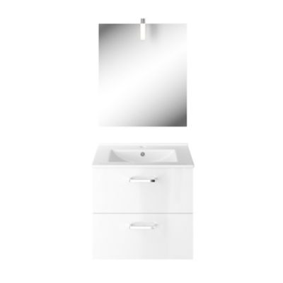 Meuble vasque suspendu blanc l.60 cm + plan vasque en céramique + miroir éclairant, Opah