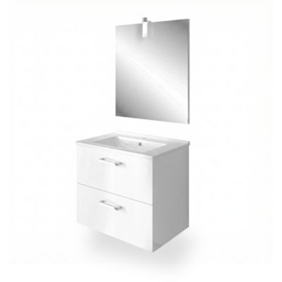 Meuble vasque suspendu blanc l.60 cm + plan vasque en céramique + miroir éclairant, Opah