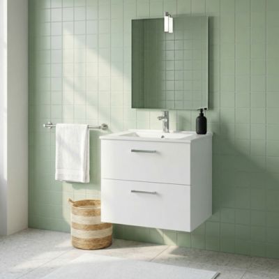 Meuble vasque suspendu blanc l.60 cm + plan vasque en céramique + miroir éclairant, Opah