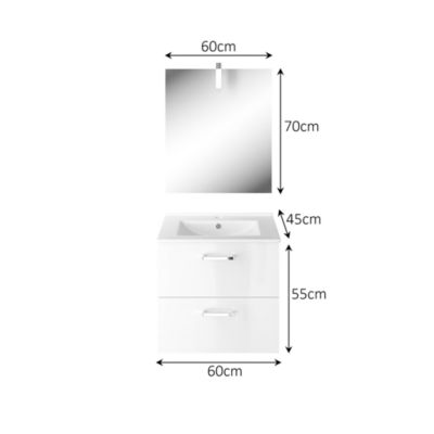 Meuble vasque suspendu blanc l.60 cm + plan vasque en céramique + miroir éclairant, Opah