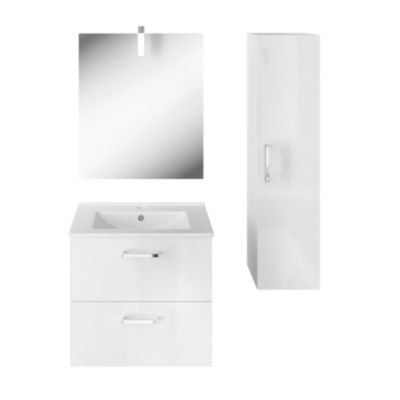 Meuble vasque suspendu blanc l.60 cm + plan vasque en céramique, Opah