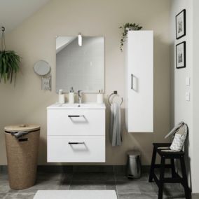 Meuble vasque suspendu blanc l.60 cm + plan vasque en céramique, Opah