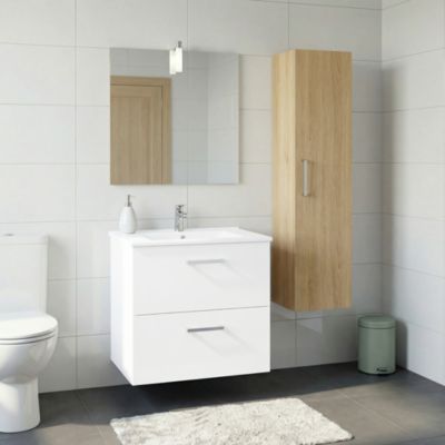 Meuble vasque suspendu blanc l.60 cm + plan vasque en céramique, Opah