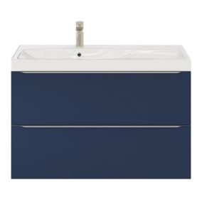 Meuble vasque suspendu bleu nuit mat l.100 cm Imandra + plan vasque blanc résine, GoodHome