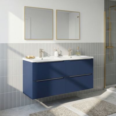 Meuble vasque suspendu bleu nuit mat l.120 cm Imandra + plan double vasque blanc céramique Nira, GoodHome
