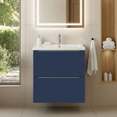 Meuble vasque suspendu bleu nuit mat l.60 cm Imandra + plan vasque blanc céramique Nira, GoodHome