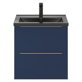 Meuble vasque suspendu bleu nuit mat l.60 cm Imandra + plan vasque noir céramique Nira, GoodHome
