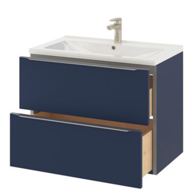 Meuble vasque suspendu bleu nuit mat l.80 cm Imandra + plan vasque blanc céramique Nira, GoodHome