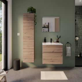 Meuble vasque suspendu effet chêne artisan l.60 cm + plan vasque en céramique blanche, Calao