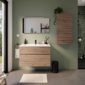 Meuble vasque suspendu effet chêne artisan l.90 cm + plan vasque blanc en résine, Calao