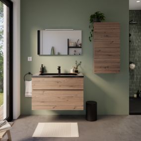 Meuble vasque suspendu effet chêne artisan l.90 cm + plan vasque noir en résine, Calao