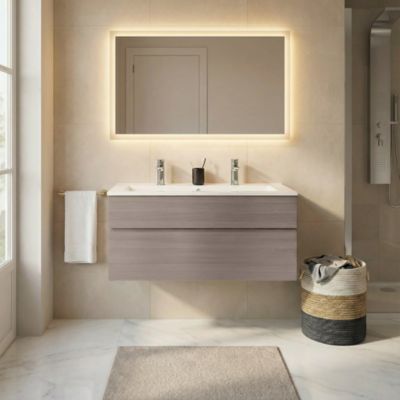 Meuble vasque suspendu effet chêne clair l.120 cm + plan vasque blanc en céramique, Calao