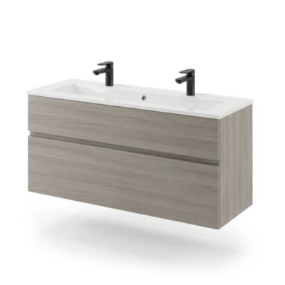 Meuble vasque suspendu effet chêne clair l.120 cm + plan vasque blanc en céramique, Calao