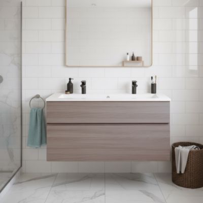 Meuble vasque suspendu effet chêne clair l.120 cm + plan vasque blanc en céramique, Calao