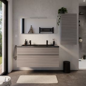 Meuble vasque suspendu effet chêne clair l.120 cm + plan vasque noir en résine, Calao
