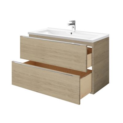 Meuble vasque suspendu effet chêne l.100 cm Imandra + plan vasque blanc céramique Nira, GoodHome