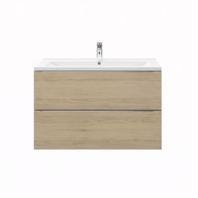 Meuble vasque suspendu effet chêne l.100 cm Imandra + plan vasque blanc céramique Nira, GoodHome