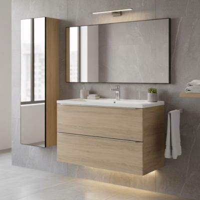 Meuble vasque suspendu effet chêne l.100 cm Imandra + plan vasque blanc céramique Nira, GoodHome