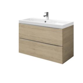 Meuble vasque suspendu effet chêne l.100 cm Imandra + plan vasque blanc résine Mila, GoodHome