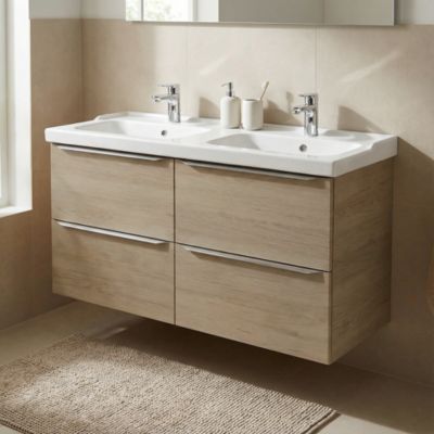 Meuble vasque suspendu effet chêne l.120 cm Imandra + plan double vasque blanc céramique Lana, GoodHome