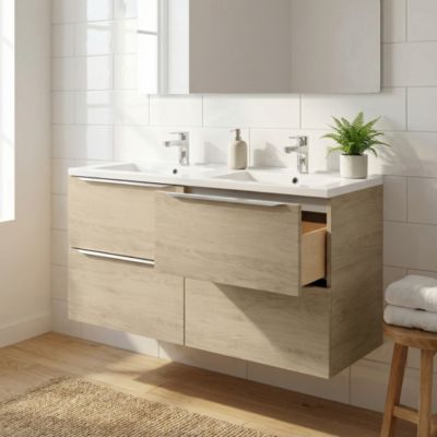 Meuble vasque suspendu effet chêne l.120 cm Imandra + plan double vasque blanc céramique Nira, GoodHome