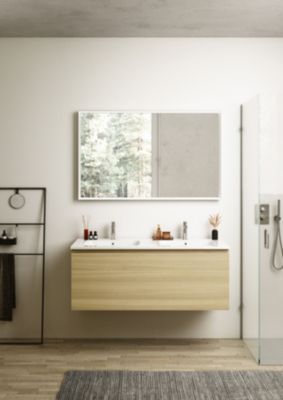 Meuble vasque suspendu effet chêne l.120 cm + plan double vasque blanc mat résine, Pura+