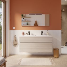 Meuble vasque suspendu effet chêne l.120 cm + plan vasque blanc en céramique, Calao