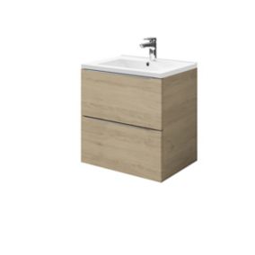 Meuble vasque suspendu effet chêne l.60 cm Imandra + plan vasque blanc céramique Nira, GoodHome