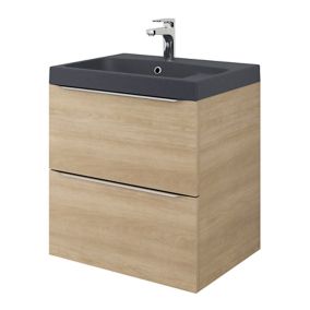 Meuble vasque suspendu effet chêne l.60 cm Imandra + plan vasque noir résine Mila, GoodHome