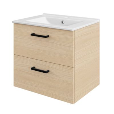 Meuble vasque suspendu effet chêne l.60 cm + plan vasque blanc en céramique, Opah