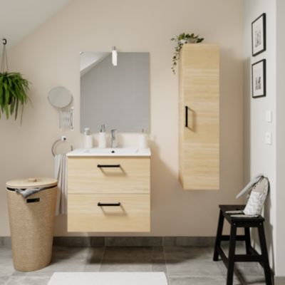 Meuble vasque suspendu effet chêne l.60 cm + plan vasque blanc en céramique, Opah