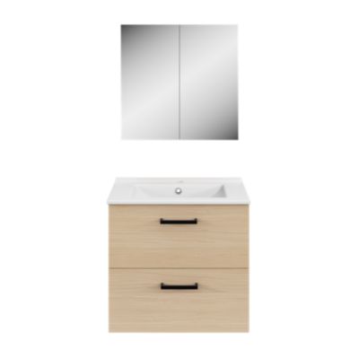 Meuble vasque suspendu effet chêne l.60 cm + plan vasque blanc en céramique, Opah