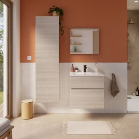 Meuble vasque suspendu effet chêne l.60 cm + plan vasque blanc en résine, Calao