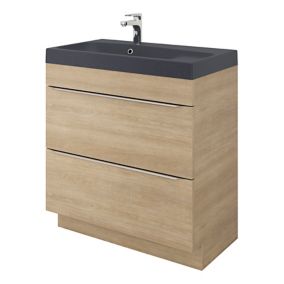 Meuble vasque suspendu effet chêne l.80 cm Imandra + plan double vasque noir résine Mila, GoodHome