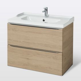 Meuble vasque suspendu effet chêne l.80 cm Imandra + plan vasque blanc céramique Lana, GoodHome